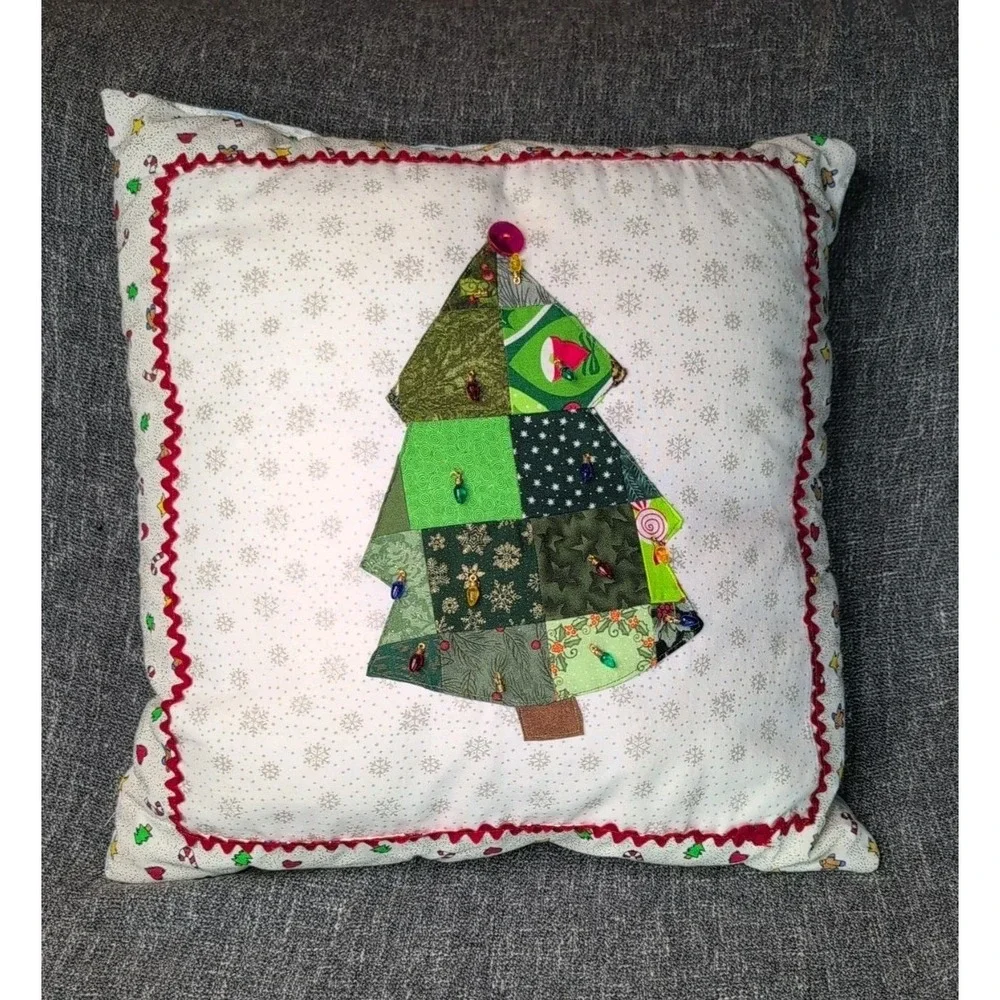Handmade Patchwork Christmas Tree Pillow 16x16 White Accent Holiday Decor